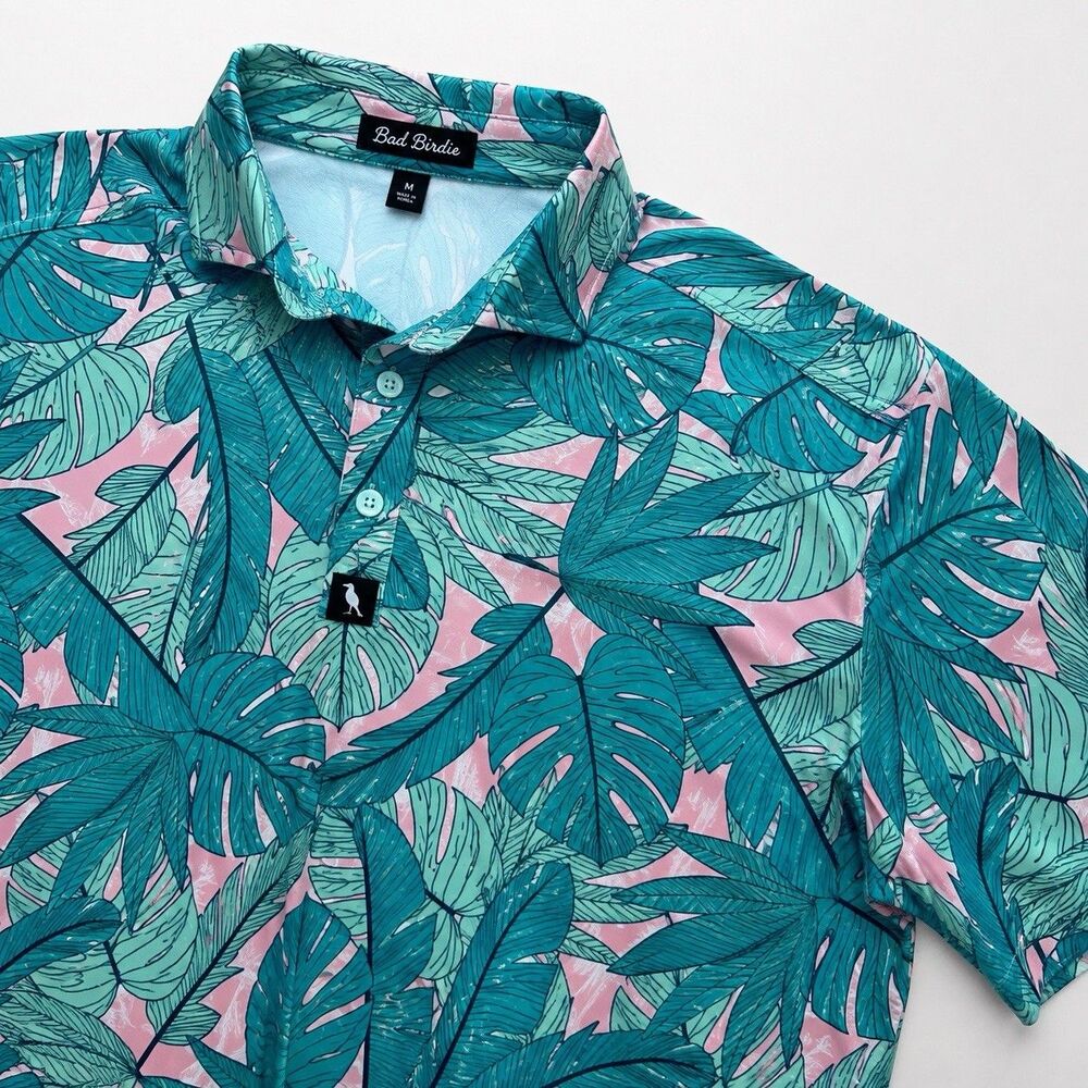 Bad Birdie Palmnado Men's Retired Teal Pink Golf Polo M Short Sleeve Performance